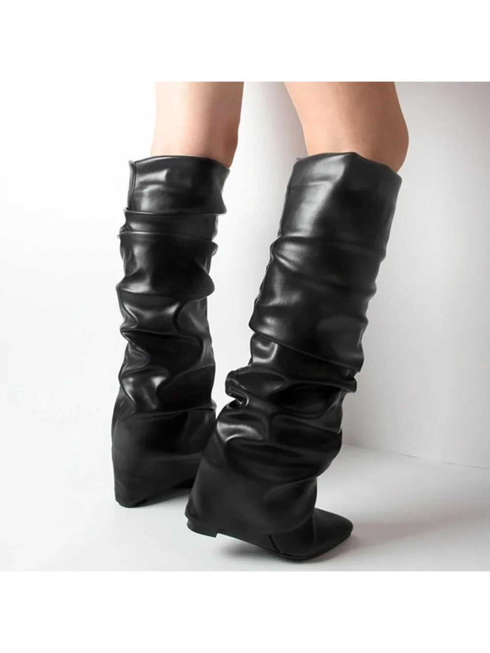 Women's Black Pointed Toe Wedge Heel Comfortable Fold Over Knee High Shark Boots
